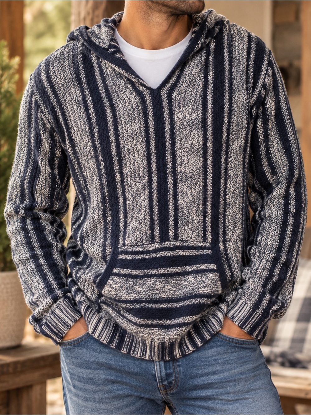 XL | Lucky Brand | Navy & White Baja Knit Striped Hoodie